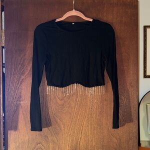 Cropped Black Long Sleeve Top with Rhinestone Hem